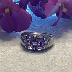 Vintage Signed PF 925 Sterling Silver Ring with 8 oval Amethyst gems Size 9.75